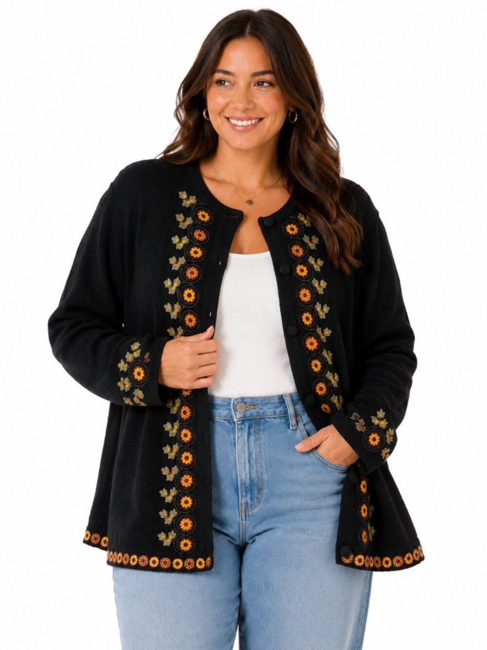 Vintage Bechamel II Embroidered Floral Cardigan Sweater Black Boho Cottagecore